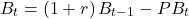 \[B_t = (1+r)\,B_{t-1} - PB_t\]
