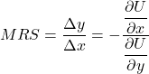 \begin{equation*} MRS= \frac{\Delta y} {\Delta x} = - \dfrac{\dfrac{\partial U}{\partial x}}{\dfrac{\partial U}{\partial y}} \end{equation*}
