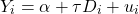 \[Y_i = \alpha + \tau D_i + u_i\]